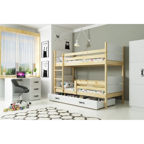 Molarem Home Drveni dječji krevet na kat JACEK s ladicom - 200x90 cm - svijetlo drvo i bijelo Slike