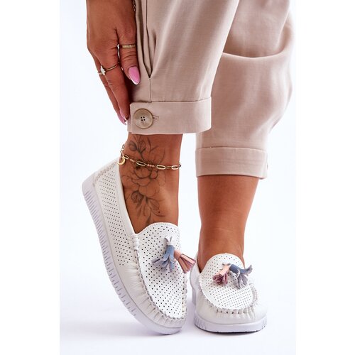 EVENTO Women's Openwork Leather Loafers White Lanzarot Cijene