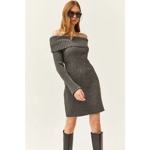 Olalook Women's Anthracite Madonna Collar Ribbed Knitwear Dress
