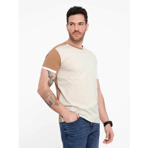 Ombre Men's elastane t-shirt with colored sleeves - brown Cene