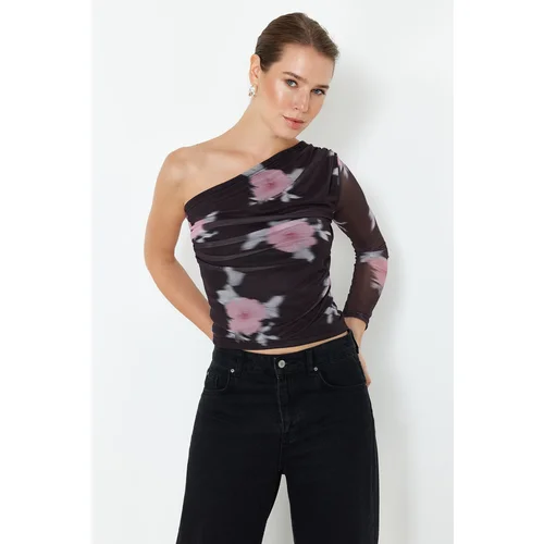 Trendyol Black*001 Floral Single Sleeve Gathered/Drape Detail Regular/Regular Fit Knitted Blouse