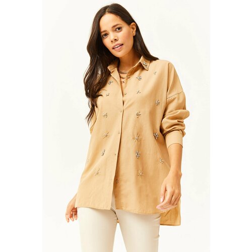 Olalook Women's Six Oval Woven Shirt with Camel Collar and Stones on the Front Slike