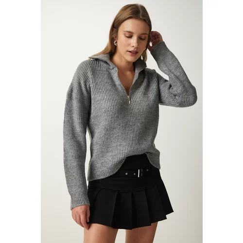Happiness İstanbul Women's Gray Zippered Collar Knitwear Sweater