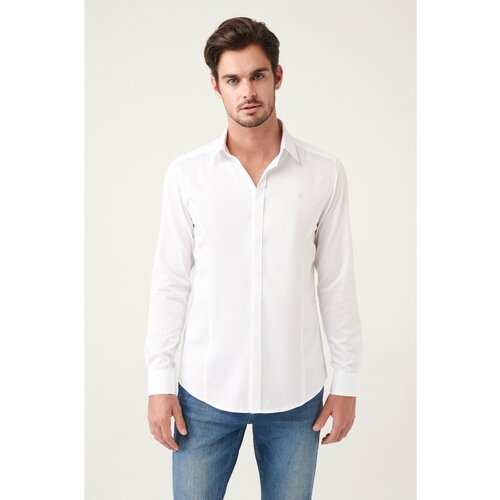 Avva Men's White 100% Cotton Satin Hidden Pocket Slim Fit Slim Fit Shirt Cene
