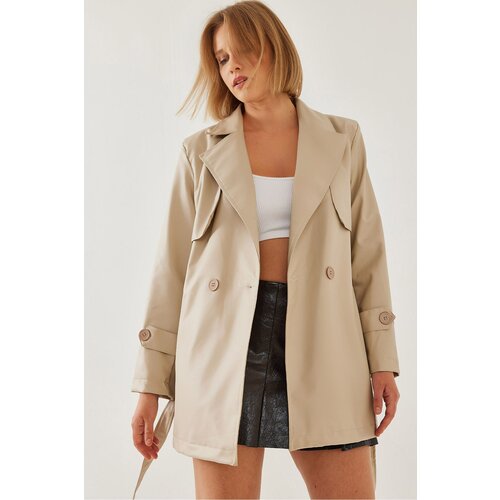 Bianco Lucci Women's Double Breasted Belted Pocket Wind Flap Leather Short Trench Coat 2377 Slike