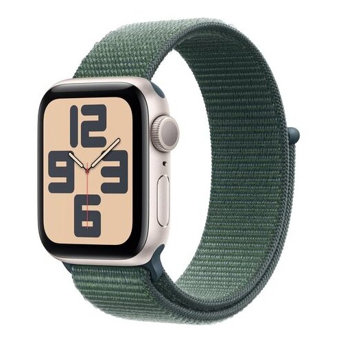 Apple Watch SE (2nd Gen) [GPS 44mm] Smartwatch with Starlight Aluminum Case with Lake Green Sport Loop One Size. Fitness and Sleep Trackers, Crash Detection, Heart Rate Monitor, Carbon Neutral Cene