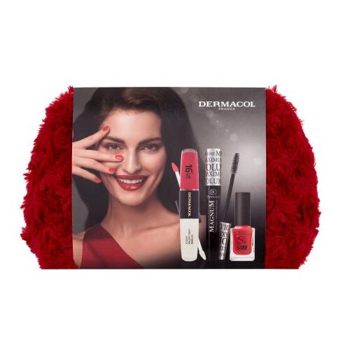 Dermacol Magnum Maximum Volume set: maskara Magnum Maximum Volume 9 ml Black + dolgoobstojna šminka 16H Lip Colour 8 ml 20 + lak za nohte 5 Day Stay 11 ml 21 + kozmetična torbica Cene