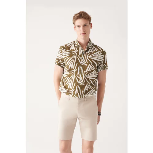 Avva Men's Khaki 100% Cotton Classic Collar Printed Short Sleeve Standard Fit Regular Cut Shirt