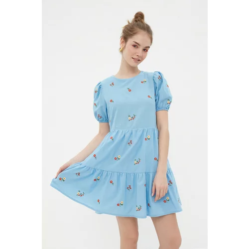 Trendyol Blue Straight Cut Mini Dress with Woven Lined and Embroidered Flowers