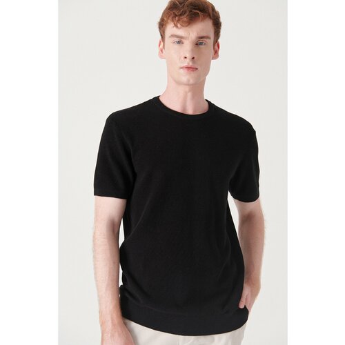 Avva Men's Black Crew Neck Textured Ribbed Standard Fit Regular Fit Knitwear T-shirt Slike