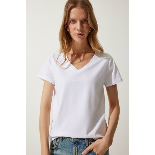 Happiness İstanbul Women's White V Neck Basic Knitted T-Shirt Slike