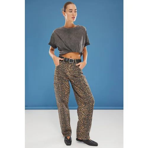 Trendyol Multicolored Leopard Patterned Cargo Pocket Detailed Normal Waist Barrel Baggy Jeans