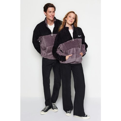 Trendyol Black Unisex Plus Size Oversize Comfy Color Block Embroidered Zipper Plush Sweatshirt. Slike