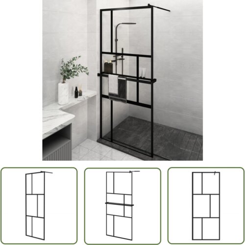 The Living Store Pregrada za tu&amp;scaron; s polico črna 90x195 cm ESG steklo in aluminij - Stena Za Tu&amp;scaron;, (21745268) Slike
