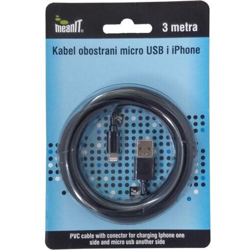Meanit usb kabl sa micro usb i iphone priključkom, 3 metra Slike