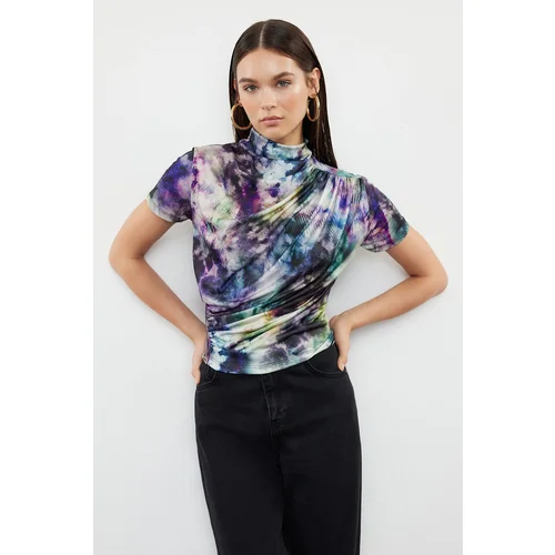 Trendyol Multicolored Printed Gathering/Drape Detailed Fitted Short Sleeve Stand Collar Stretchy Knitted Blouse