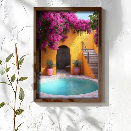 Wallxpert uramljena MDF slika NAL061-46, dvorište sa bazenom, žutim zidovima i roze bugenvilijom, 35,5 x 47 cm Cene