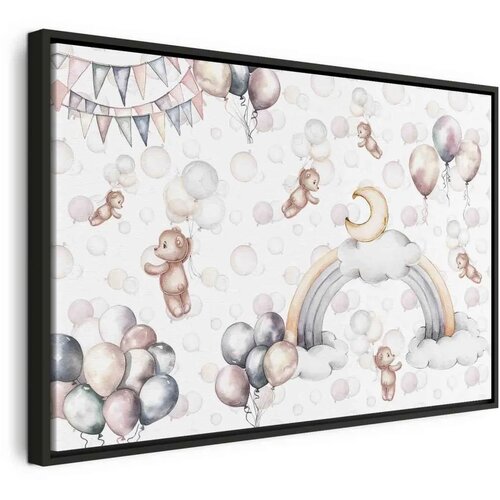  Slika - Toy Bears with Balloons - Flying Plush Bears Among Balloons Clouds and Rainbows in Subtle Pastel Hues 60x40 U crnom drve Cene
