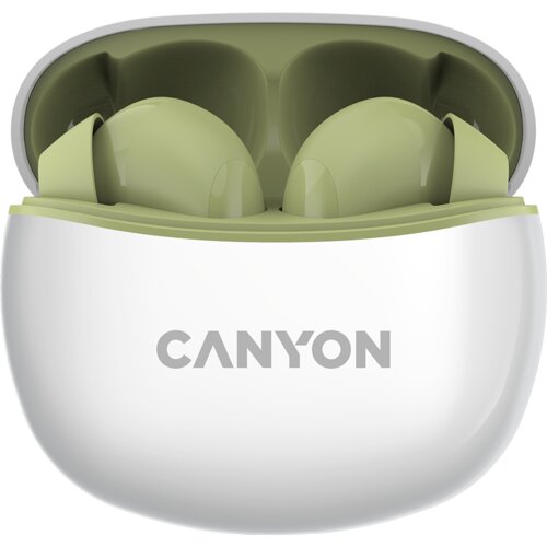 Canyon TWS-5 Bluetooth headset, with microphone, BT V5.3 JL 6983D4, Frequence Response:20Hz-20kHz, battery EarBud 40mAh*2+Charging Case 500mAh, type-C cable length 0.24m, Size: 58.5*52.91*25.5mm, 0.036kg, Green Slike