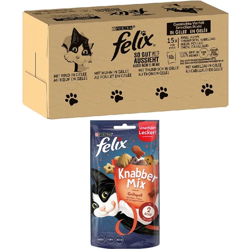 Felix 120 x 85 g mokra hrana + 60 g KnabberMix Snack gratis! - Miješana raznolikost (govedina, piletina, bakalar i tuna)+Zabava na roštiljanju 60 g