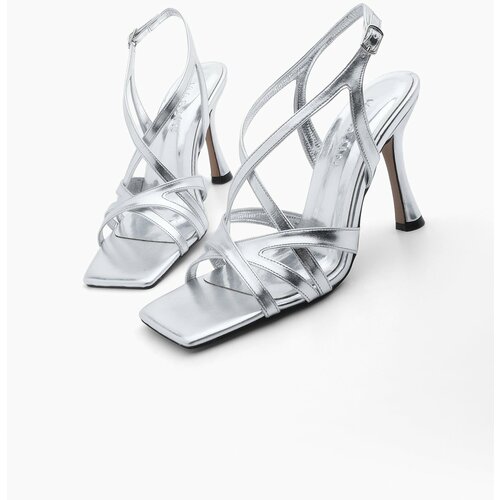 Marjin Women's Heeled Shoes Blunt Toe Cross Strap Heeled Sandals Resi Silver Slike