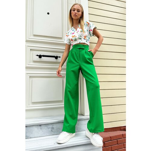 Trend Alaçatı Stili Women's Green High Waist Double Pockets Pleated Palazzo Pants with Snap Snap Closure Slike