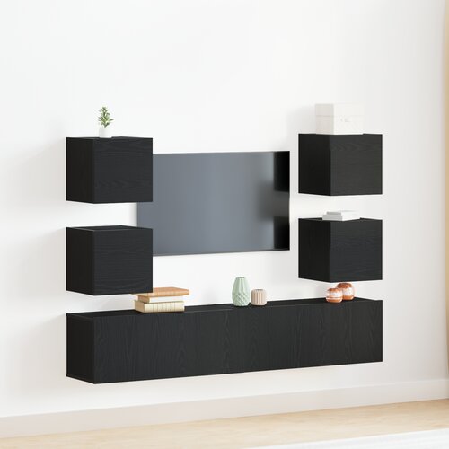VidaXL 6-delni set TV omaric iz črnega hrasta, stenske omarice za televizor (set 2) - Črn hrast, 80x30x30 cm, iz vezanega lesa, stenske omarice za televizor 2 kosi Črn hrast 30,5x30x30 cm Slike