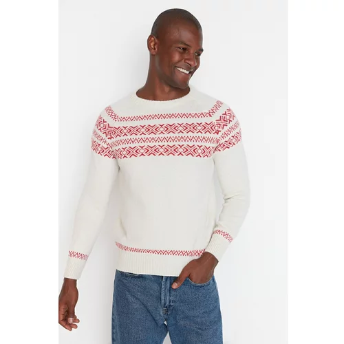 Trendyol Ecru Men's Slim Fit Crew Neck Jacquard Knitwear Sweater