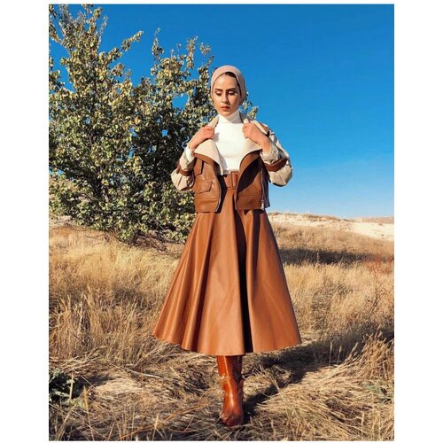 Laluvia Brown Belt Detailed Midi Length Leather Knit Skirt Slike