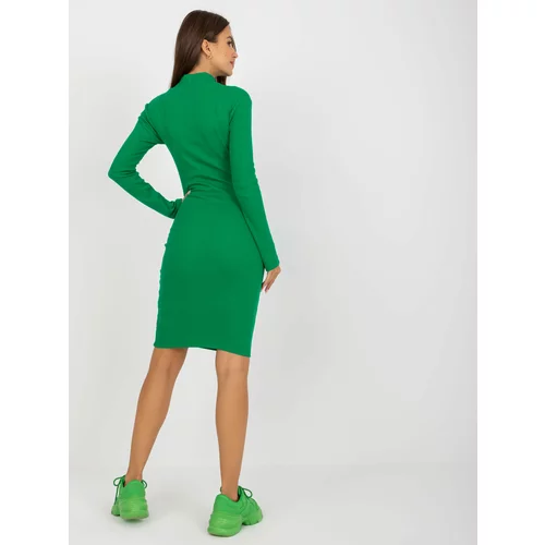 Fashion Hunters Basic green ribbed dress with turtleneck for everyday wear