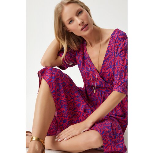  Women's dark pink wrap collar floral summer viscose dress Cene