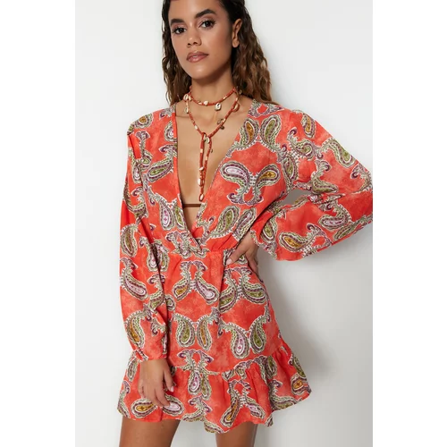 Trendyol Paisley Patterned Mini Woven Ruffled 100% Cotton Beach Dress