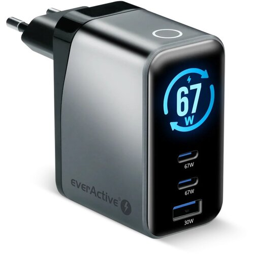 EverActive Charger GaN 1 x USB, 2 x USB-C Quick Charge 4+ 67W black Slike