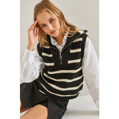 Bianco Lucci Women's Turtleneck Zipper Knitwear Striped Sweater Slike