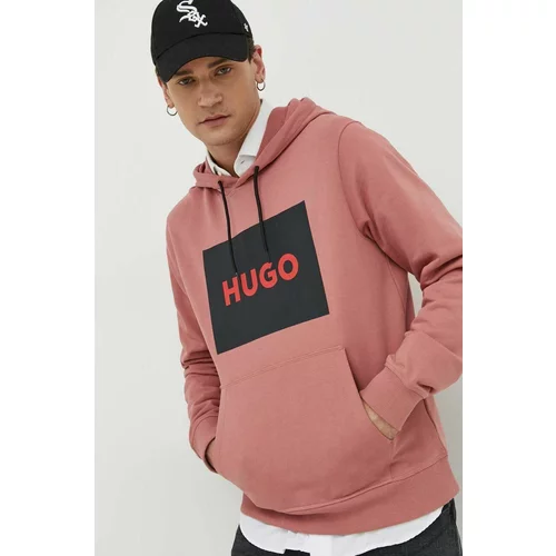 Hugo Bombažen pulover moška, roza barva, s kapuco