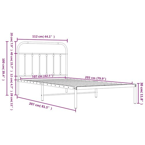  Metalni okvir za krevet s uzglavljem bijeli 107x203 cm Slike