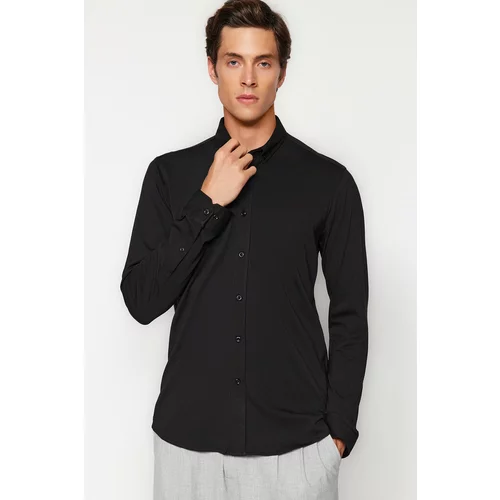 Trendyol Men's Black Slim Fit Slim Fit Comfy Comfortable Flexible Buttoned Collar Basic Shirt