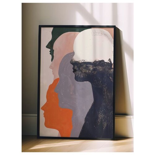 Wallxpert uramljena slika 115192, apstraktne siluete ženskih profila u narandžastoj, sivoj i crnoj boji, 50 x 70 cm, crni ram Cene