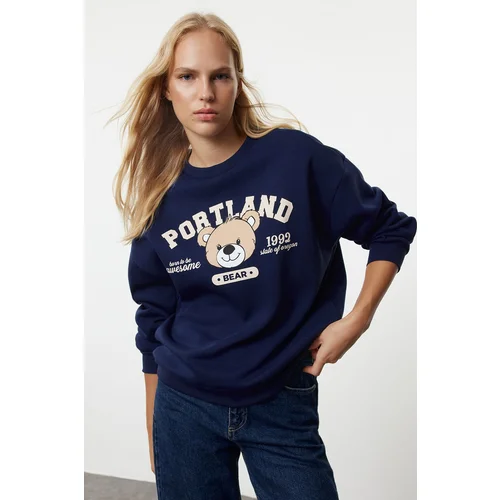 Trendyol Navy Blue Printed Oversize/Wide Fit Crew Neck Thick Knitted Sweatshirt