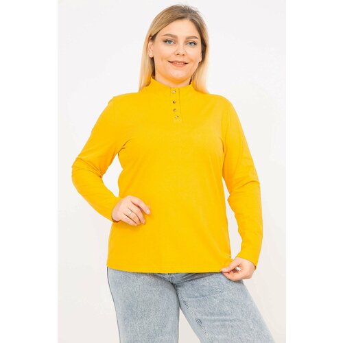 Şans Women's Yellow Plus Size Cotton Fabric Pat Buttoned Blouse Slike