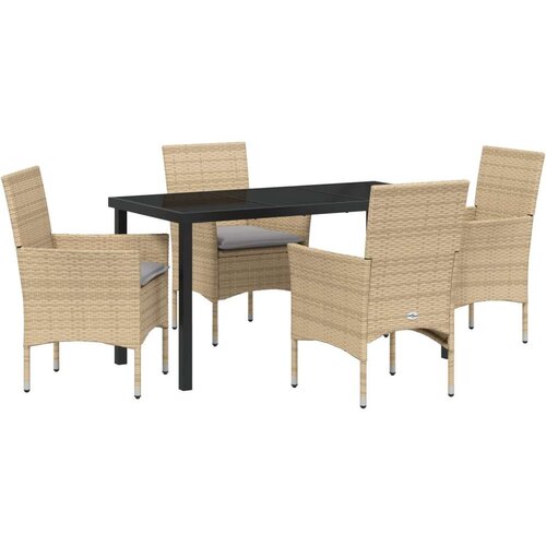  Vrtna garnitura - 5-dijelni vrtni blagovaonski set s jastučićima Bež poli ratan vrtni stol crni 140x80x73 cm od kaljenog stakla Slike
