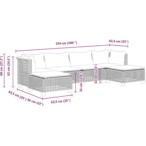  6-dijelni set vrtnih sofa s jastucima bež od poliratana 63.5 x 63.5 x 62 cm Slike