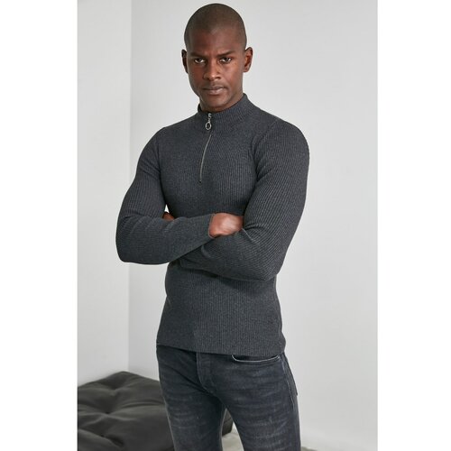 Trendyol anthracite men's slim fit half turtleneck zipper corduroy sweater Slike