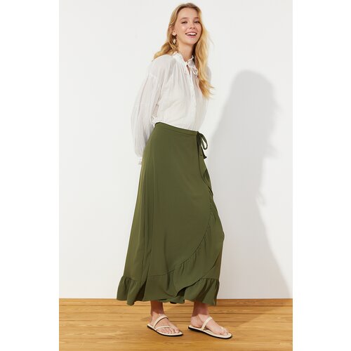 Trendyol Dark Khaki Wrapover Flounce Woven Skirt Slike