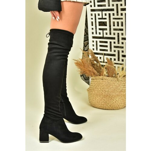 Fox Shoes Women's Black Suede Stretch Chunky Heeled Ankle Boots Cene