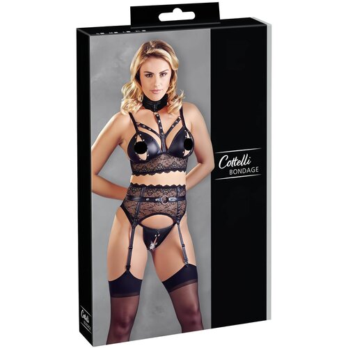 Cottelli Bondage - Komplet perila s čipko in sijajem ter okovi za roke (črn) - XL Slike