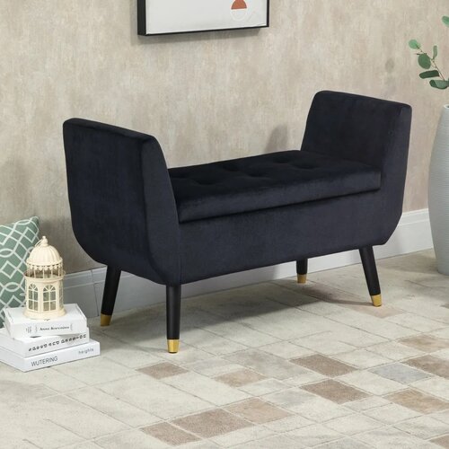  Tapecirana klupa za odlaganje s naslonima za ruke bar&amp;scaron;unasti izgled drvene noge 107x42x65 cm crna Slike