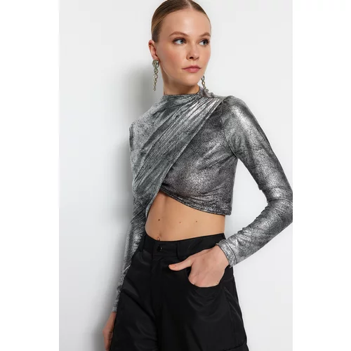 Trendyol Silver Wraparound Silvery Knitted Blouse