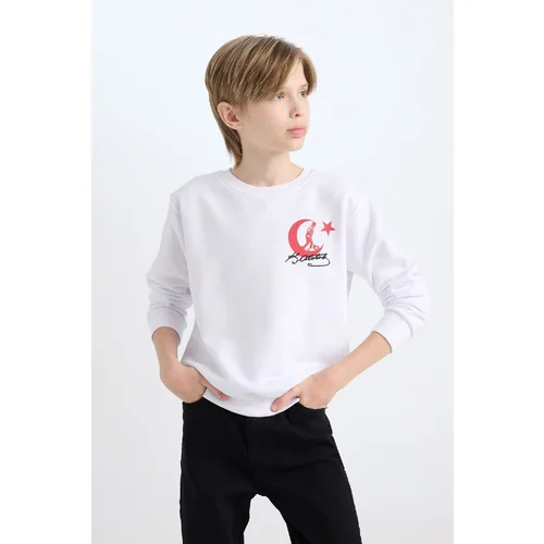 Defacto Boy White Regular Fit Crew Neck Atatürk Printed Embroidered Sweatshirt