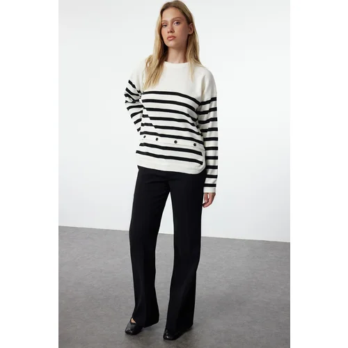 Trendyol Ecru Striped Functional Button Detailed Knitwear Sweater